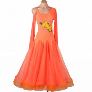 Orange competition ballroom dance dresses for women girls Embroidered flowers waltz tango foxtrot rhythm smooth dancing long gown for female